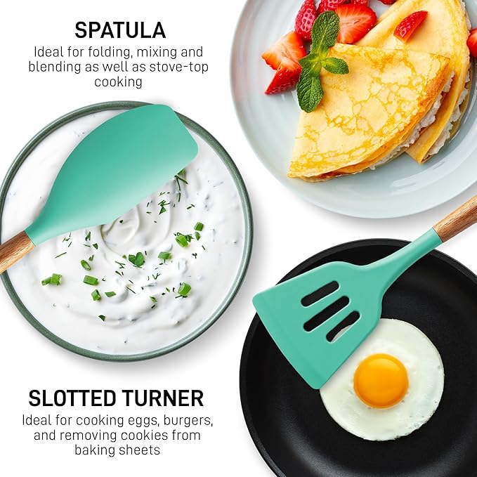 Zulay Kitchen Non-Stick Cooking Utensils Set with Authentic Acacia Wood Handles – 5-Piece Durable & Stylish Silicone Kitchen Utensils Set – Heat Resistant to 464°F – Mint