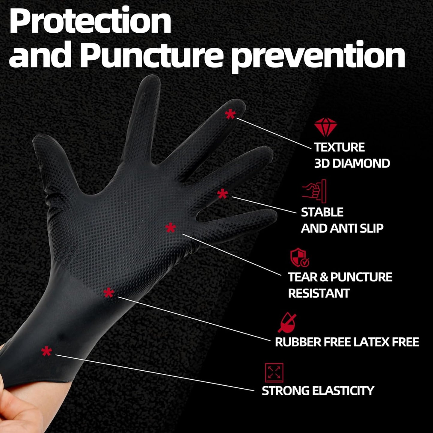 Jointown Basic Heavy Duty Nitrile Gloves, Mechanic Gloves 8 Mil Nitrile Disposable, with Raised Diamond Texture, Case of 500, Black, Medium