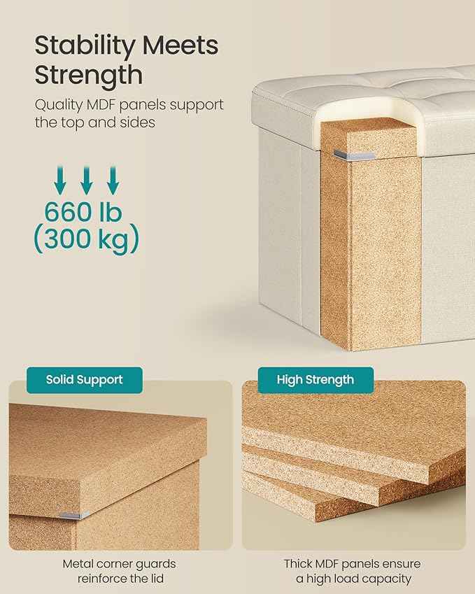 SONGMICS MAZIE Collection - 43 Inches Folding Storage Ottoman Bench, Ottoman Foot Rest, End of Bed Bench, Storage Chest, Load 660 lb, for Living Room, Bedroom, Entryway, Cream White ULSF77BE