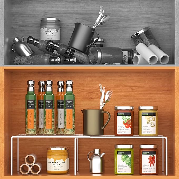 Kitchen Cabinet Expandable Shelf Organizers Set of 6, Adjustable Metal Wire Pantry Storage Shelves, Plate Dish Organizer Rack for Cabinets, Cupboard, Counter, Freezer, Countertop, White