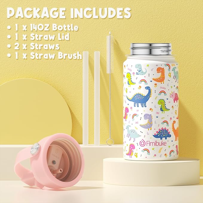 Fimibuke Kids Insulated Water Bottle, 14oz BPA FREE 18/8 Stainless Steel Travel Tumbler Double Wall Vacuum Leak Proof Kids Cup with Straw Metal Bottle for School Boys Girls(1 Pack, WHITE DINOSAUR)