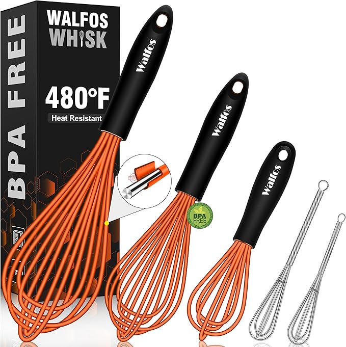 Walfos Whisk, Silicone Whisks Set of 5, Mini Stainless Steel Whisk 7+5in and Non Scratch Coated 7+9+11in Whisks, Suitable for Blending, Whisking, Beating, Frothing & Stirring. (Orange)