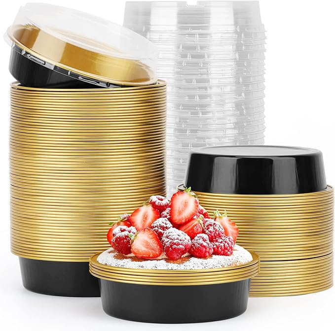 Beasea Aluminum Cupcake Pans With Lids, 4 Inch 100 Pack Disposable Pie Pans For Cake, 8 Oz Aluminum Pie Pan Tin Black Golden Tart Pans Round Oven Baking Mini Cake Pan For Pie Tart Quiche