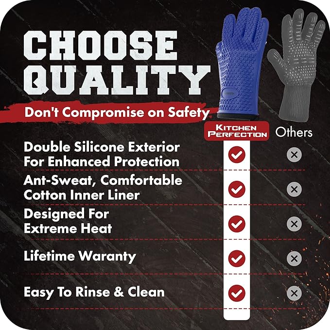 KITCHEN PERFECTION S Silicone Smoker Oven Gloves -Extreme Heat Resistant BBQ Gloves -Handle Hot Food Right on Your Grill Fryer Pit|Waterproof Oven Mitts |Superior Value Set+3 Bonuses