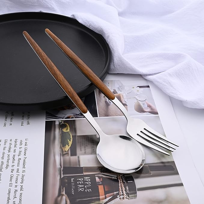 16-Piece Silverware Set with Cake Fork, Silver Stainless Steel Flatware Cutlery, Eating Utensils with Wooden Effect Handle, Includes Knife, Fork, Spoon, Mirror Finish, Dishwasher Safe