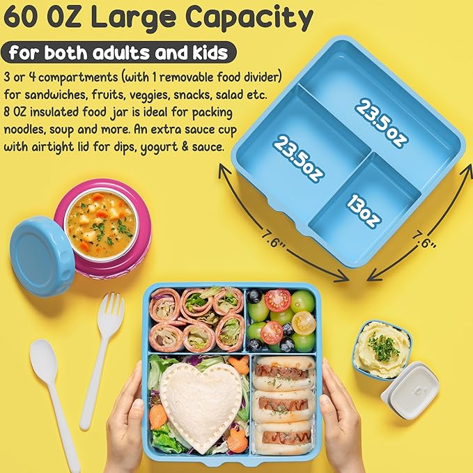 Fimibuke Bento lunch Box Set for Kids Adult with 8oz Thermos Food Jar, Insulated Lunch Bag &Sauce Cup, Leakproof Dishwasher Safe Toddler Lunch Food Container with 3-4 Compartment for School Girls Boys