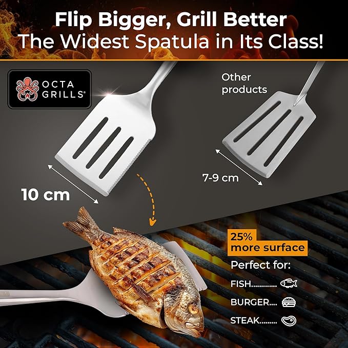 3-Piece BBQ Utensil Set – Premium Stainless Steel Grill Tools with Extra Wide Spatula - Pakka Wood Handles & Leather Hanging Loops (Spatula, Tongs & Fork)