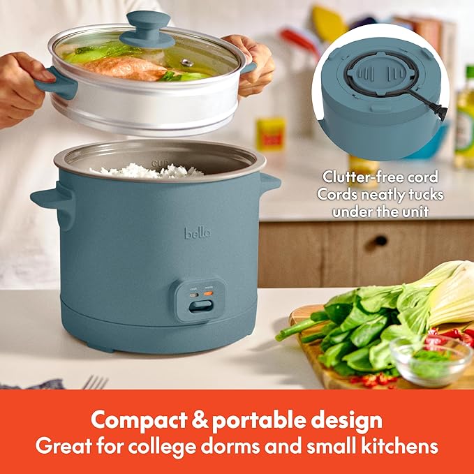bella 16 Cup Rice Cooker with Steamer, Dishwasher Safe Steaming Basket, Rice Paddle and Measuring Cup, Removable Nonstick Cooking Bowl, Automatic Keep Warm Function, 400 Watt, Surf