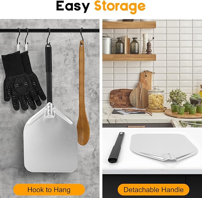 Pizza Peel, Pizza Paddle 12 Inch, Pizza Spatula with Oven Gloves, Space-Saving & Easy-to-Clean, Pizza Oven Accessories