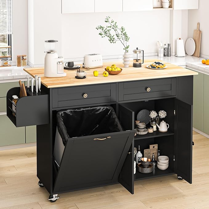 60'' Rolling Kitchen Island with Drop Leaf, Storage Islands Cart with Tilt Out Trash Can Cabinet, Rubber Wood Tabletop, Knife Holder, Wheels, Black