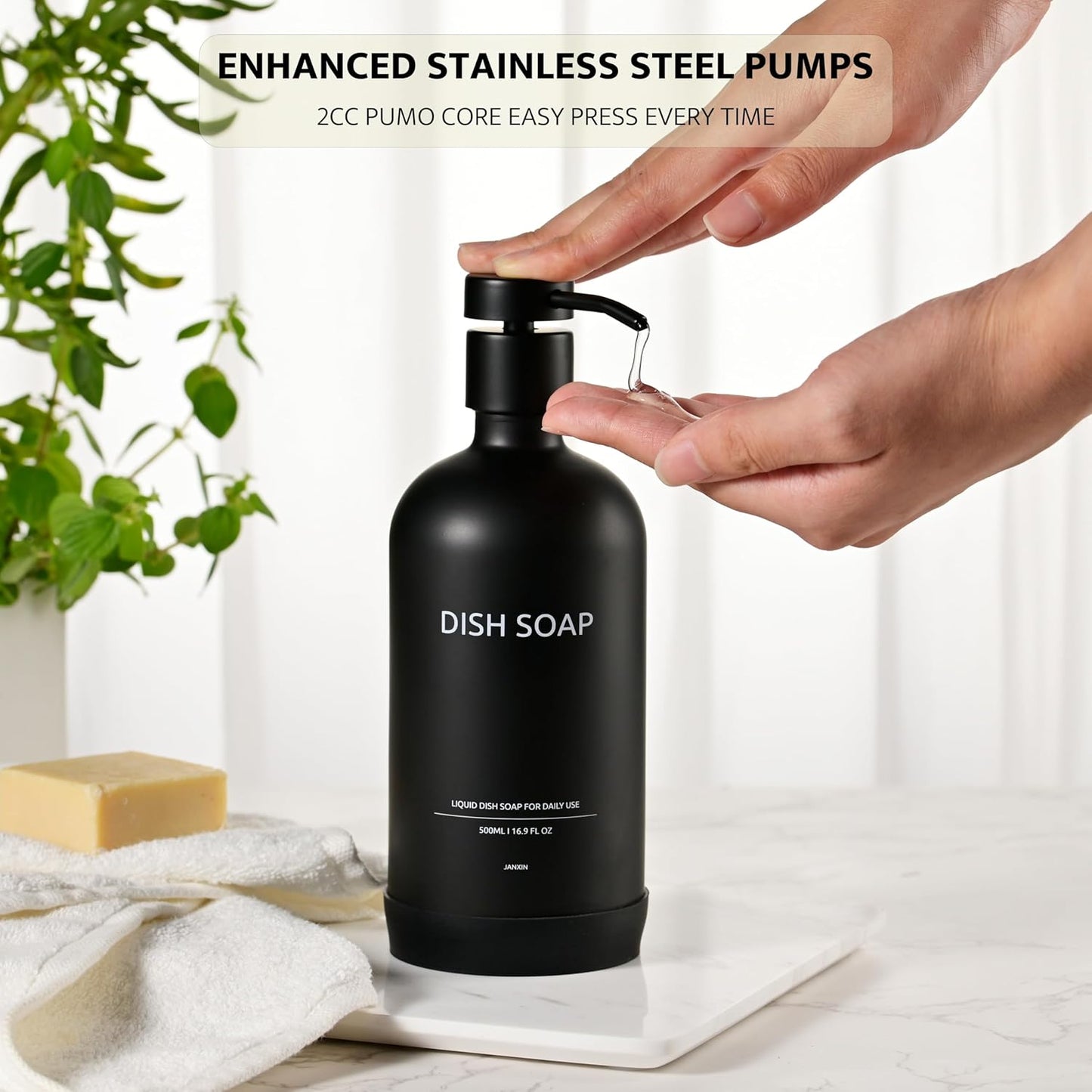 Glass Kitchen Soap Dispenser Set with Ceramic Tray,16.9 floz Hand and Dish Soap Dispenser for Kitchen and Bathroom Decor,White and Black Kitchen Accessories(White Bottles+Black Bottles)