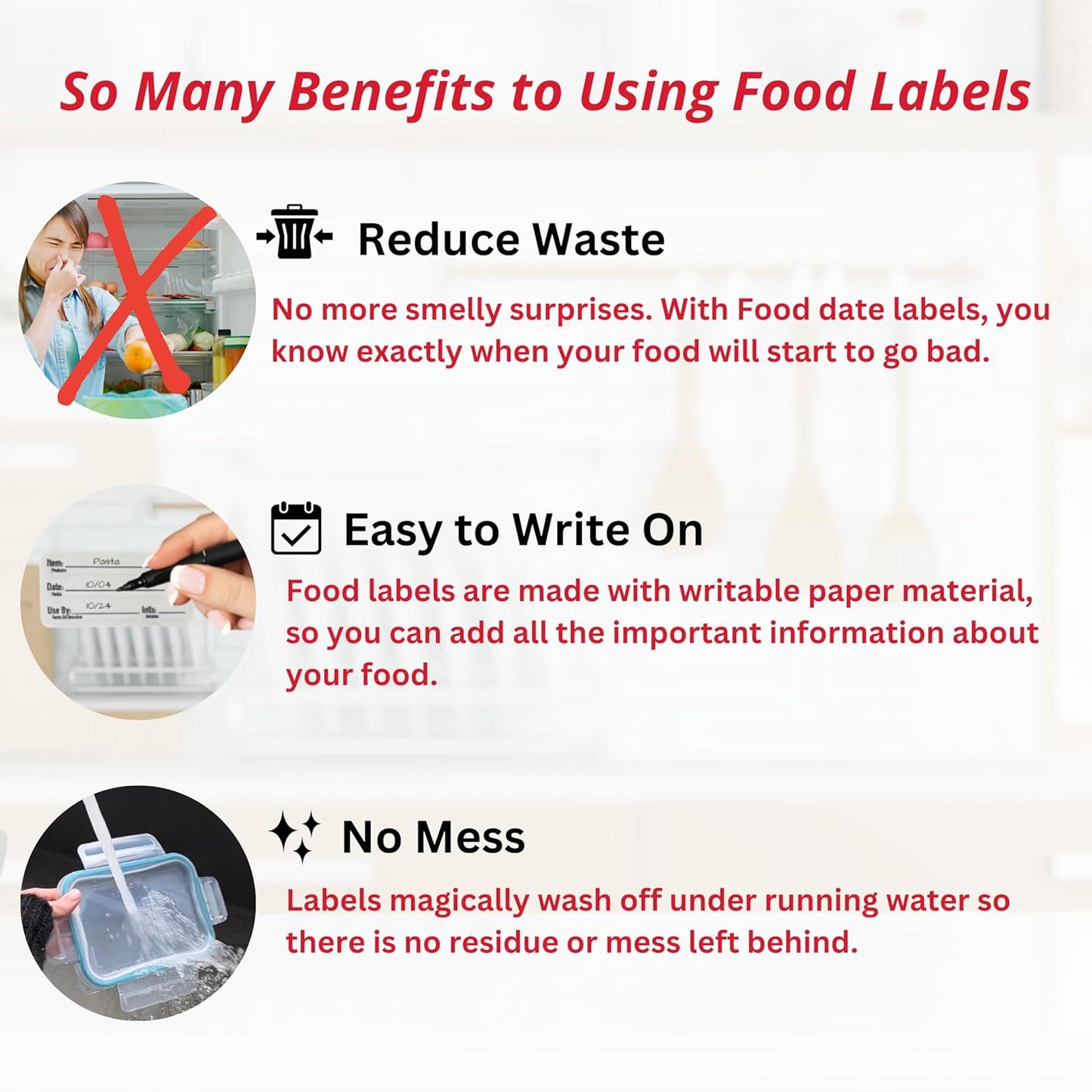 2x1 Dissolvable Food Labels, 250 Label Stickers, Bottle Labels for Storage Bins, Sticker Labels for Food containers, (250, Red)