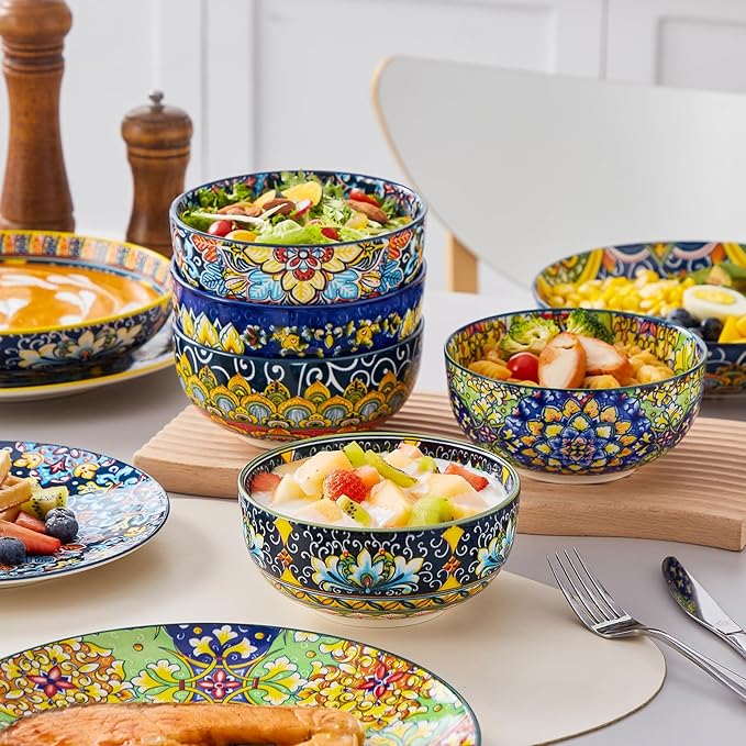 vancasso 24 Pieces Dinnerware Sets, Plates and Bowls Set, Porcelain Dishes Set for 6, Microwave and Dishwasher Safe, Scratch Resistant, Bohemian Style Dining Ware Service for 6, Series SIMI