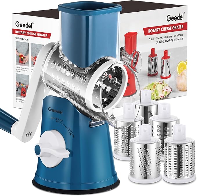 Geedel Rotary Cheese Grater Cheese Shredder - Upgraded 5-in-1 Cheese Grater with Handle and Strong Suction Base, Multi-purpose Vegetable Slicer Ice Shaver Nuts Grinder for Ice, Vegetables, Fruit, Nuts