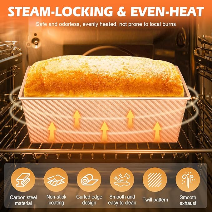Pullman Loaf Pan with Lid, Non-Stick Carbon Steel Bread Pan for Homemade Sandwich & Sourdough Bread, 1lb Dough Capacity, Corrugated Toast Box Mold, Gold