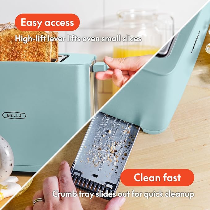 BELLA 2 Slice Toaster with Auto Shut Off - Extra Wide Slots & Removable Crumb Tray and Cancel, Defrost & Reheat Function - Toast Bread, Bagel & Waffle, Aqua