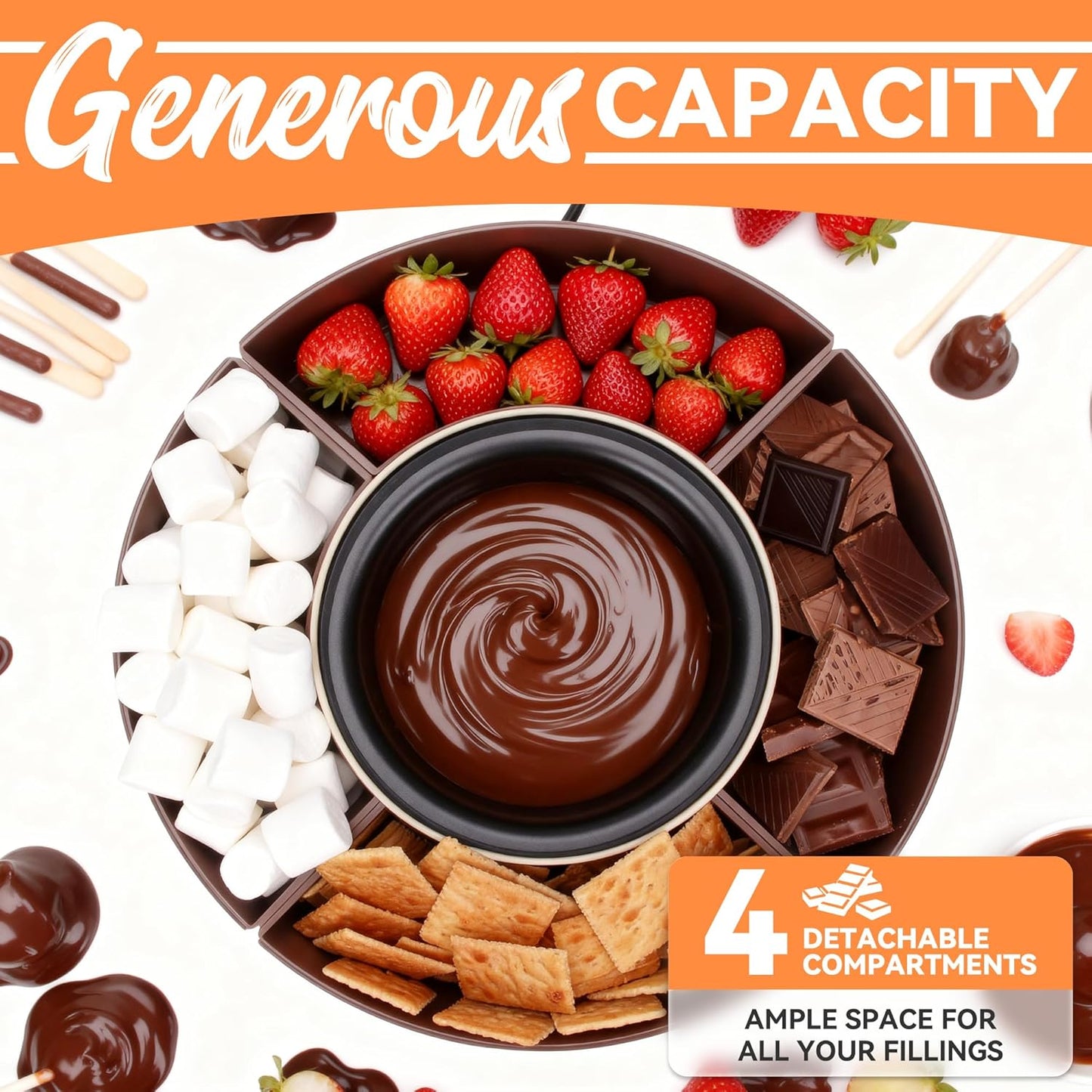 Cheese & Chocolate Fondue Machine, Candy Melting Pot for Party, Electric Fondue Pot Set, Chocolate Warmer, Hot Chocolate Maker, 4-Section Food Tray, Brown