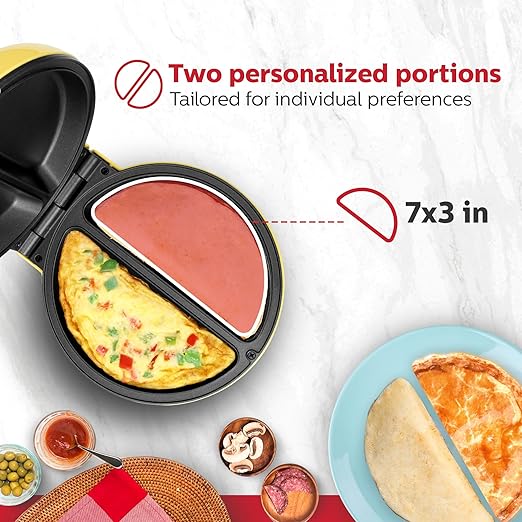 Holstein Housewares Stainless Steel 2 Section Omelet & Frittata Maker, Non Stick Coating, Easy To Clean, Indicator Lights, Compact Storage, Prepare Versatile Recipes in Minutes. 2 Portions, Yellow