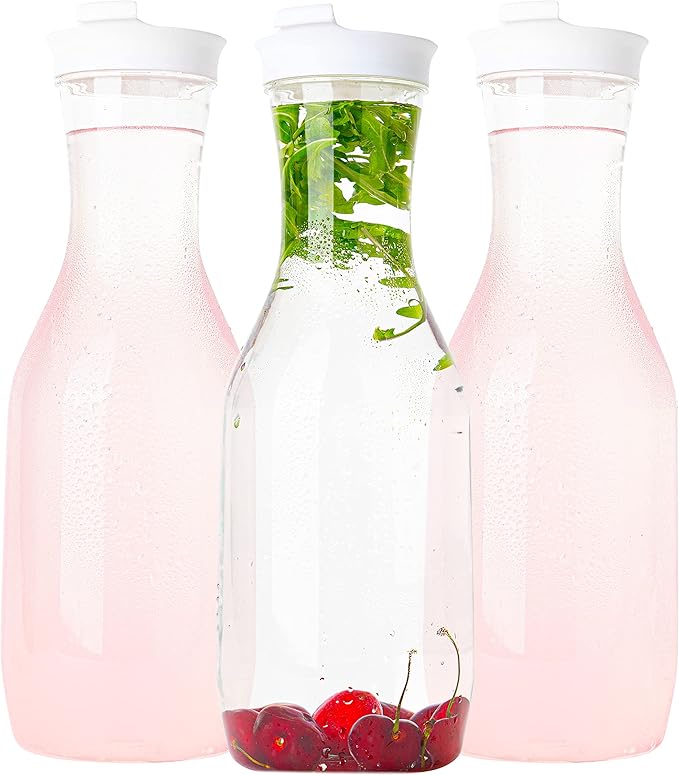 Clear Plastic Water Pitchers Carafes with Flip top Lids Heavy Duty Beverage Pitcher Jug for Juice or iced Coffee Great for Mimosa bar Restuarants ot Schools (3, 50 OZ)