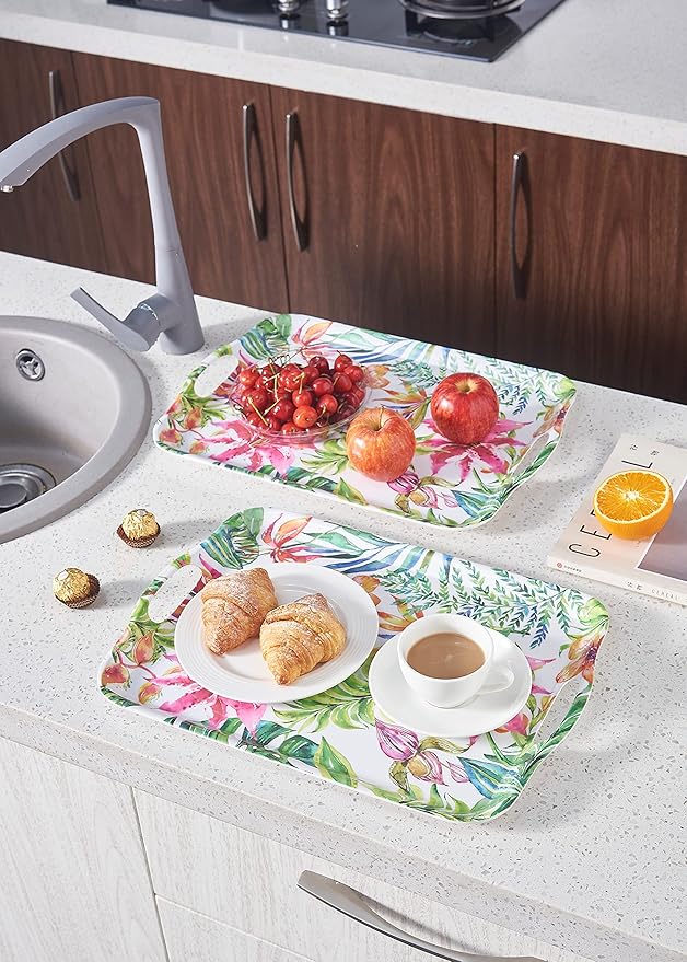 Blue Boat 16.5" x 11.5" Rectangular Serving Trays Set of 2 Floral, Light Weight Easy to Clean Sturdy Stackable Melamine Serving Tray with Handle, Fruit, Snacks, and Desserts Trays