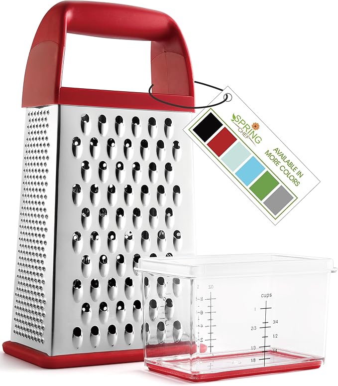 Spring Chef Professional Red 10" Parmesan Cheese Grater With Container, Stainless Steel & Soft Grip Handle, 4 Sided Kitchen Carrot Shredder, Handheld Box Grater for Potato, Veggie, Ginger, Hashbrown