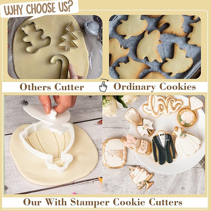 Flycalf Wedding Cookie Cutters with Plunger Stamps Champagne Bridal Shower Gifts Holiday Cake Baking PLA Cutter Molds for Kids Decorative Party 3.5" Kitchen Cake Supplies