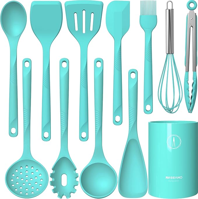 Silicone Cooking Utensils Set - 600°F Heat Resistant, Nonstick Kitchen Utensil Set with Spatulas, Spoons, Whisk, Tongs, BPA Free, Dishwasher Safe (Teal)