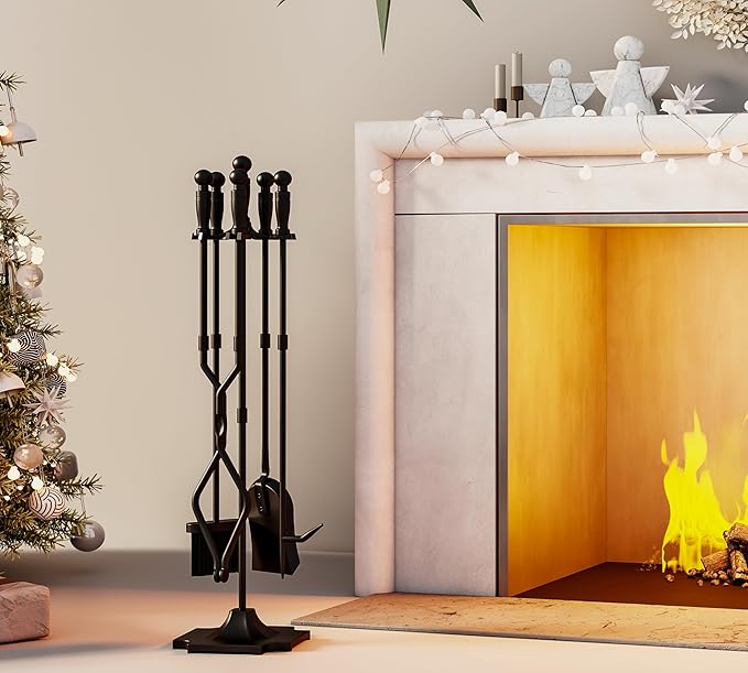Fire Beauty Fireplace Tools, 5 Pieces Fireside Accessories Fire Kit Set,Woodstove Tools Holder Wrought Iron Handle Indoor Fireset Stand (32 Inches)