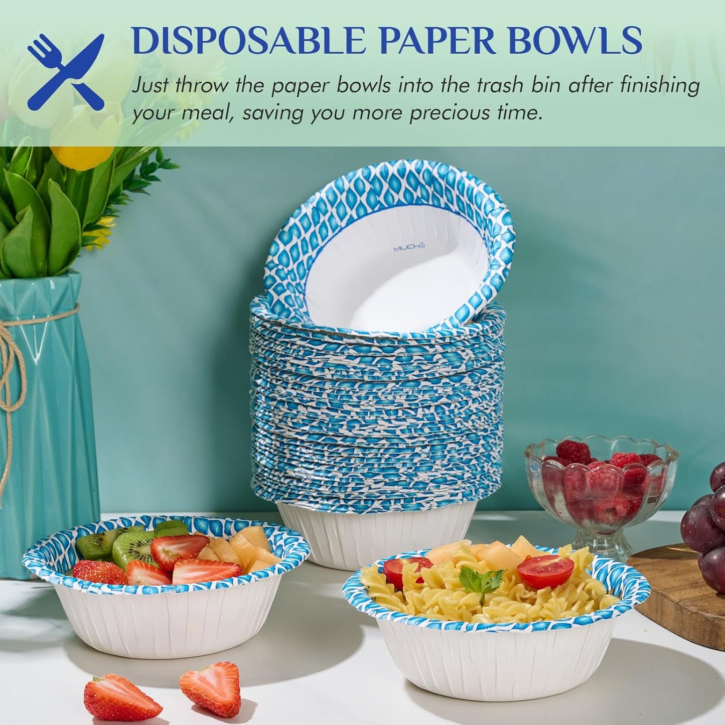 MUCHII 180 Count Paper Bowls 16 oz, Printed Soak Proof Disposable Bowls Bulk for Breakfast, Lunch, and Dinner Meals