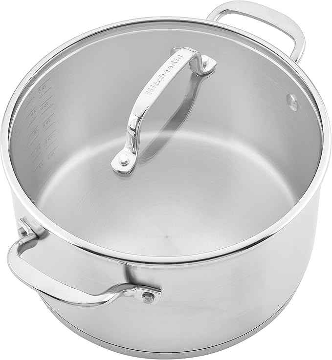KitchenAid 3-Ply Base Brushed Stainless Steel Induction Pots and Pans Set with Nonstick Round Grill Pan and Lids, Dishwasher Safe, 10 Piece Cookware Set, Brushed Stainless Steel