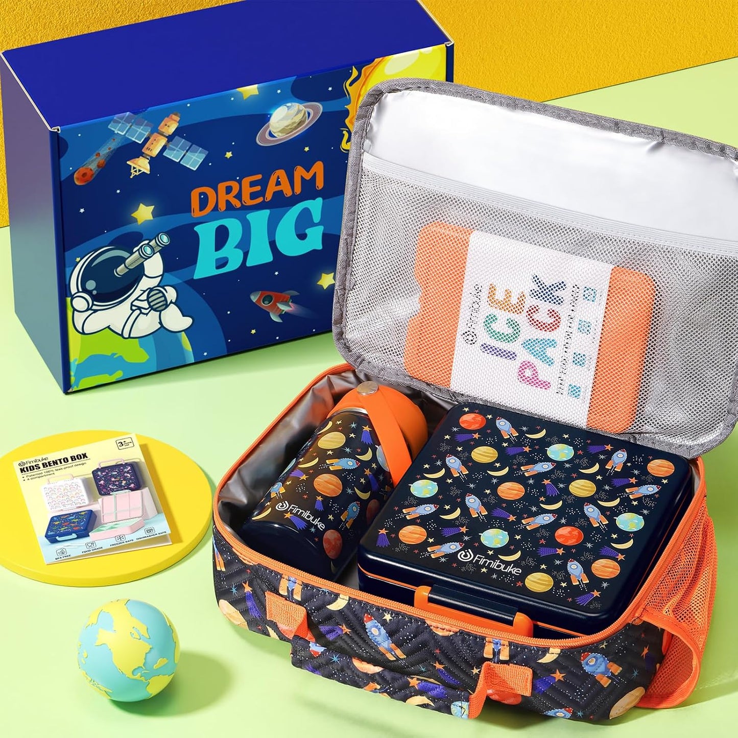 Fimibuke Kids Bento Lunch Box with 4 Compartments, Insulated lunch Bag, Stainless Steel Insulated Water Bottle, Ice Pack & Utensils Set, Birthday Gifts for Ages 3-12 Back to School Toddler Girls Boys