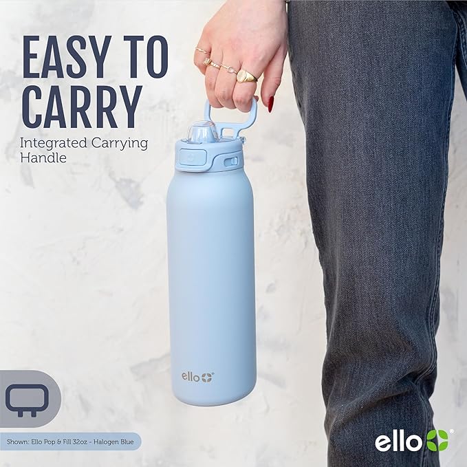 Ello Pop & Fill 22oz Stainless Steel Water Bottle with QuickFill Technology, Double Walled and Vacuum Insulated Metal, Leak Proof Locking Lid, Straw and Chug, Reusable, BPA Free, Serene Bloom
