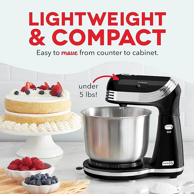 Dash Stand Mixer (Electric Mixer for Everyday Use): 6 Speed Stand Mixer with 3 qt Stainless Steel Mixing Bowl, Dough Hooks & Mixer Beaters for Dressings, Frosting, Meringues & More - Black