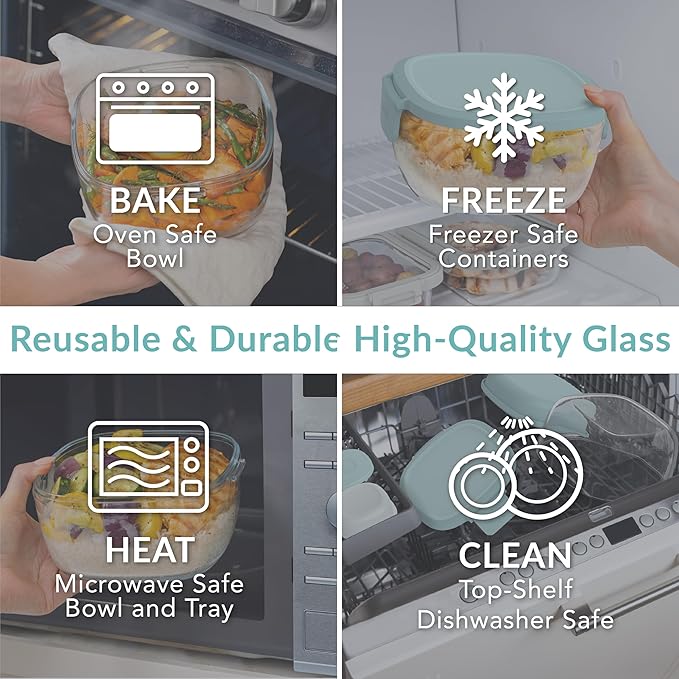 Bentgo Glass All-in-One Salad Container - Large 61-oz Salad Bowl with Lid, 4-Compartment Bento-Style Tray, 3-oz Sauce Container & Reusable Fork - Dishwasher, Microwave, Oven Safe (Coastal Seaglass)