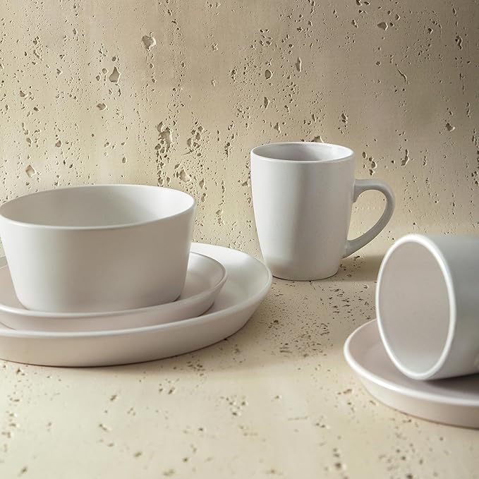 Stone Lain Albie Stoneware 16 Piece Dinnerware Set, Plates and Bowls Sets, Dish Set for 4, White Speckled, Microwave & Dishwasher Safe