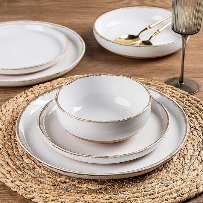 AmorArc Ceramic Dinnerware Sets with Pasta Bowls for 4, Handpainted Plates and Bowls Set with Rustic Terracotta Underside, Scratch Resistant Dishes Set, Dishwasher & Microwave Safe, 16 Pcs-White