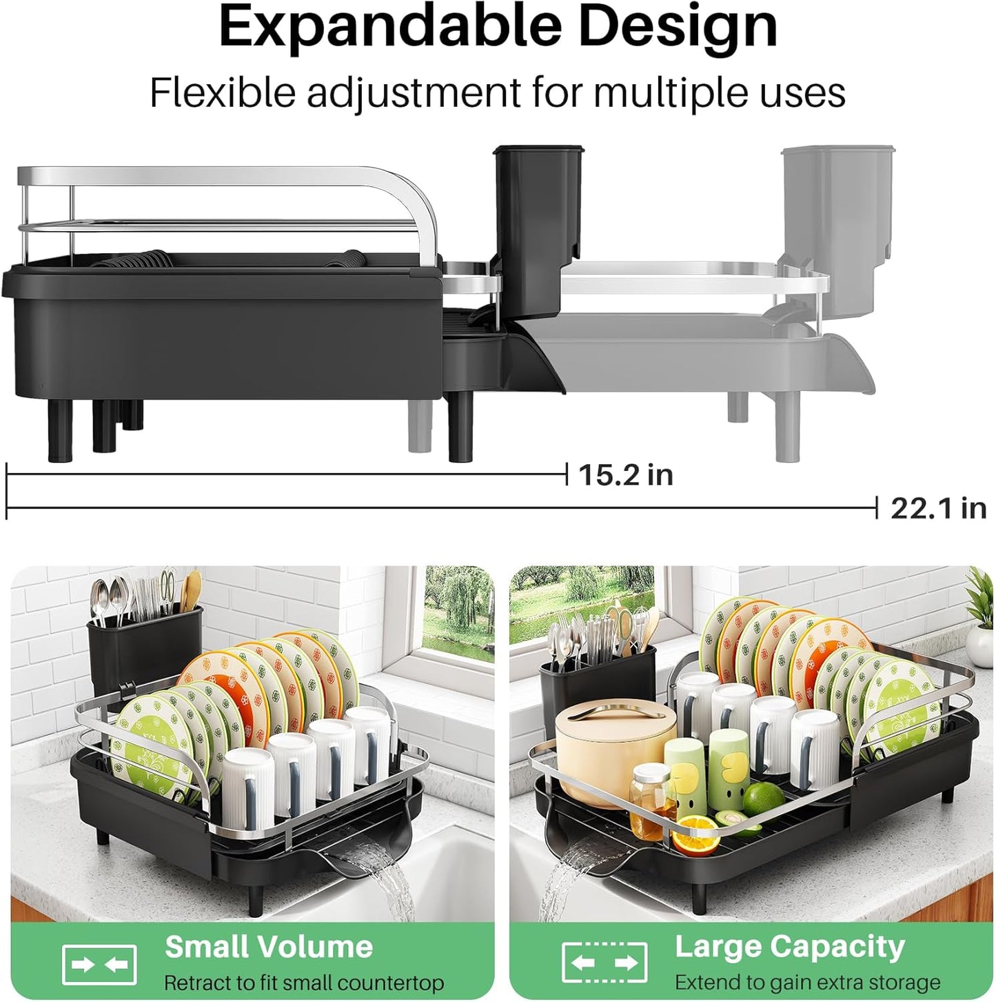 SAYZH Dish Drying Rack - Expandable Dish Rack for Kitchen Counter, Rust-Resistant Dish Drainer with Utensil Holder and Raised Guardrail, Kitchen Organizer for Cup and Bottle (Black)