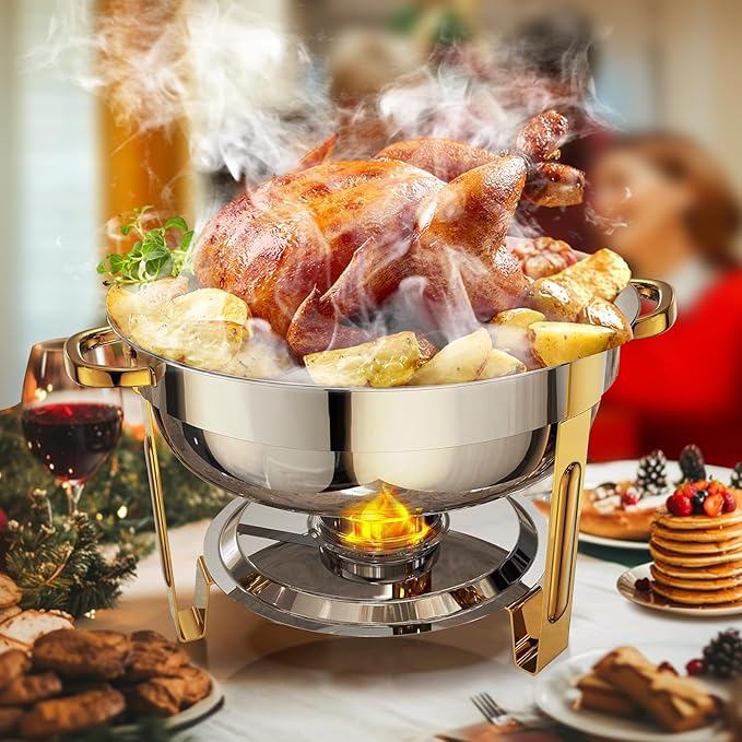 Chafing Dishes for Buffet 4 Pack, 6QT Round Chafing Dish Buffet Set Stainless Steel Buffet Food Warmers Sets for Catering Events Parties Dinners with Complete Set,Gold and Silver