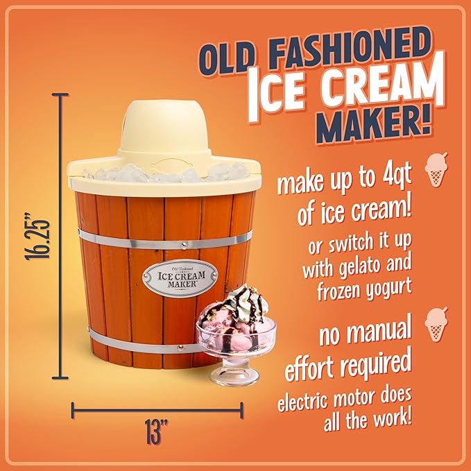 Nostalgia Electric Ice Cream Maker - Old Fashioned Soft Serve Ice Cream Machine Makes Frozen Yogurt or Gelato in Minutes - Fun Kitchen Appliance - Vintage Wooden Style - Light Wood - 4 Quart