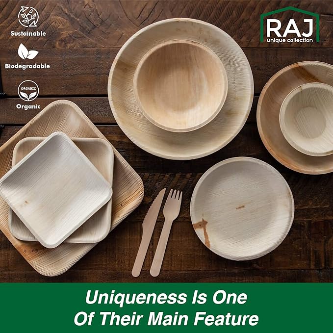Raj Disposable Palm Leaf Bulk Bowls (200 Count, 4" Square Bowls) Strong Bowl Like Bamboo Party Bowl - Decorative Compostable Tableware for Lunch, Dinner, Birthday, Outdoor, BBQ, Picnic.