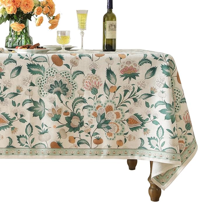 patdrea Designer Green Rectangle Table Cloth,Vintage Italian Floral Country Linen Breathable Tablecloth,Decor Cover for Kitchen Dining,Christmas,Tea Party,Thanksgiving,63"x94"-Tree Life