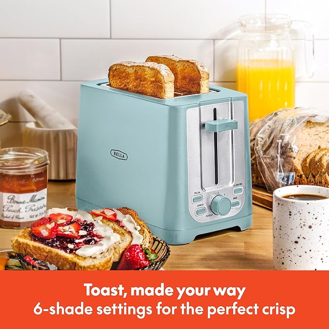 BELLA 2 Slice Toaster with Auto Shut Off - Extra Wide Slots & Removable Crumb Tray and Cancel, Defrost & Reheat Function - Toast Bread, Bagel & Waffle, Aqua