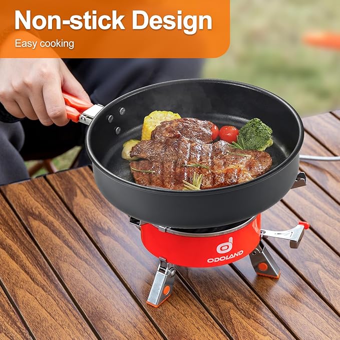 Odoland Camping Cookware Mess Kit, Camping Cooking Pot Fry Pan and 1.1L Kettle Set, Portable Camping Cookware Set with Mesh Bag for Camping, Backpacking, Outdoor Cooking and Picnic