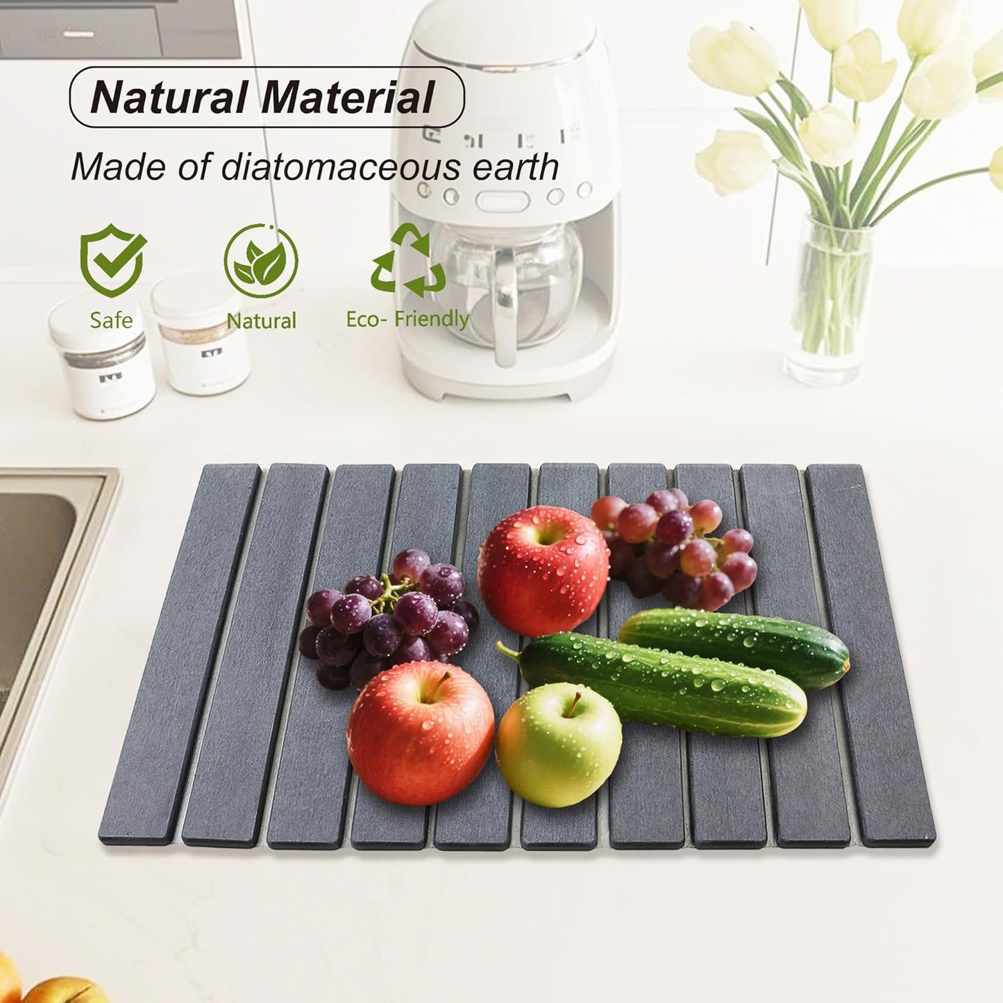 Large Stone Drying Mat for Kitchen Counter Diatomaceous Earth Collapsible 24”（L）*16”（W）Super Heat Resistant Mats, Quick Absorbent Dish Drying Rack（Gray marble）