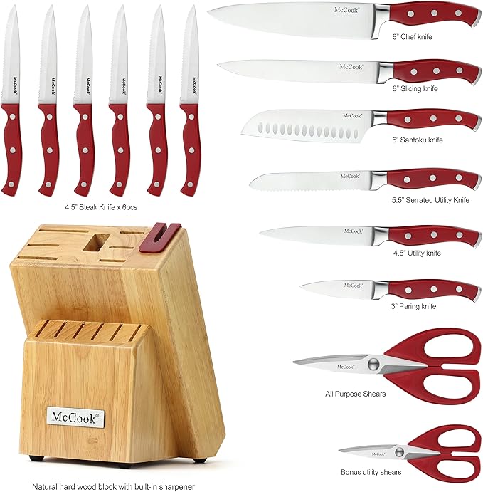 McCook® Stainless Steel Kitchen Knife Sets with Wooden Block, Kitchen Scissors and Built-in Sharpener, Red