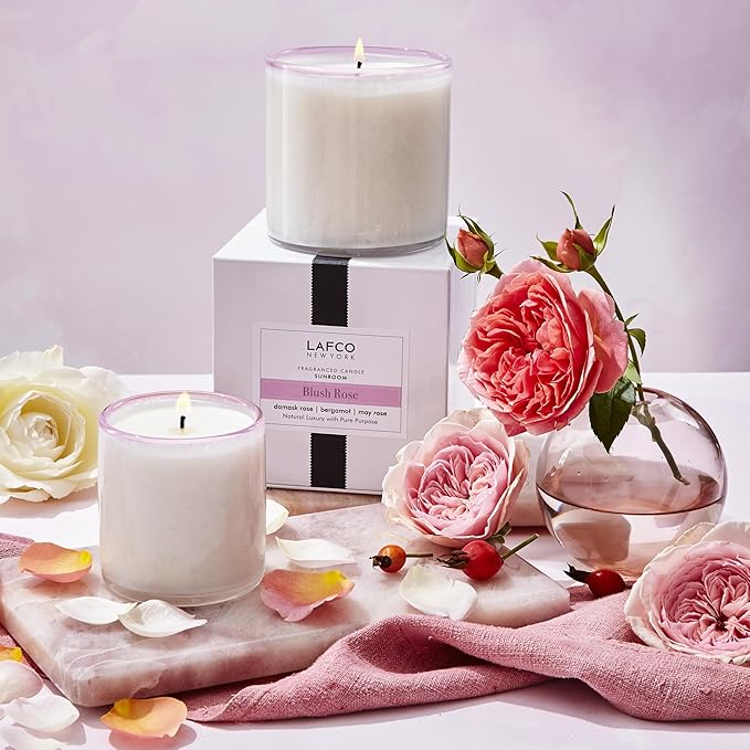 LAFCO New York Signature Candle, Blush Rose - 15.5 oz - 90-Hour Burn Time - Reusable, Hand Blown Glass Vessel - Made in The USA
