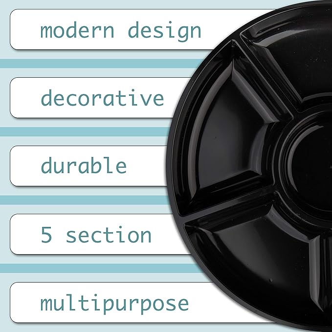 Plasticpro 6 Sectional Round Plastic Serving Tray/Platter (4, Black)