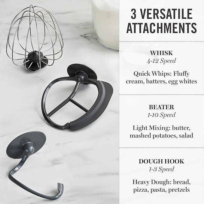 Martha Stewart Stand Mixer, 12 Speed, Tilt-Head, 5.3QT Stainless Steel Bowl, Splash Guard with Pour Chute, Whisk, Dough Hook, Flat Beater, Electric Kitchen Baking Mixer, Bread, Cake, Whip, Caviar Gray