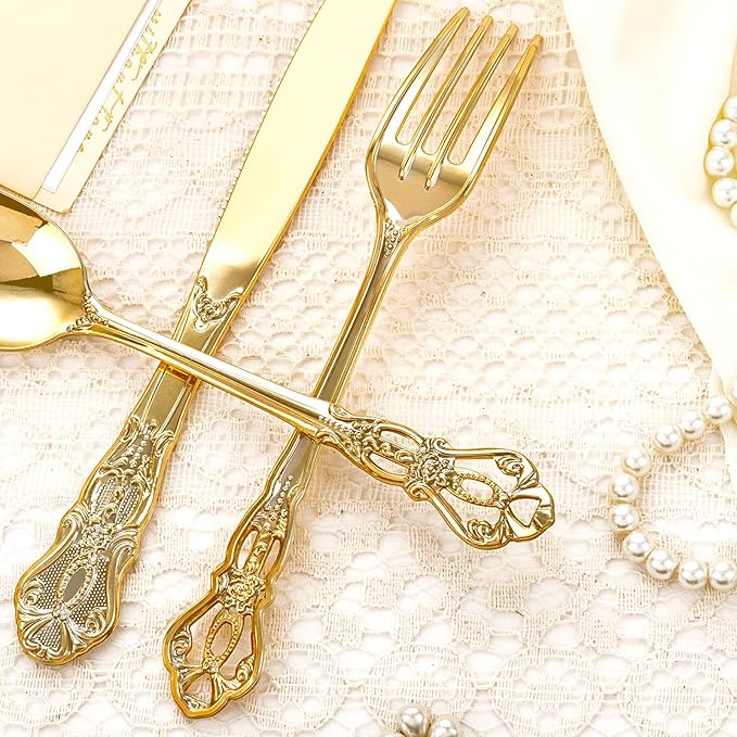 200PCS Gold Plastic Silverware - Heavy Duty Elegant Disposable Utensils - Gold Plastic Cutlery Set Includes 100Forks, 50Spoons, 50Knives for Dinner, Parties, Weddings