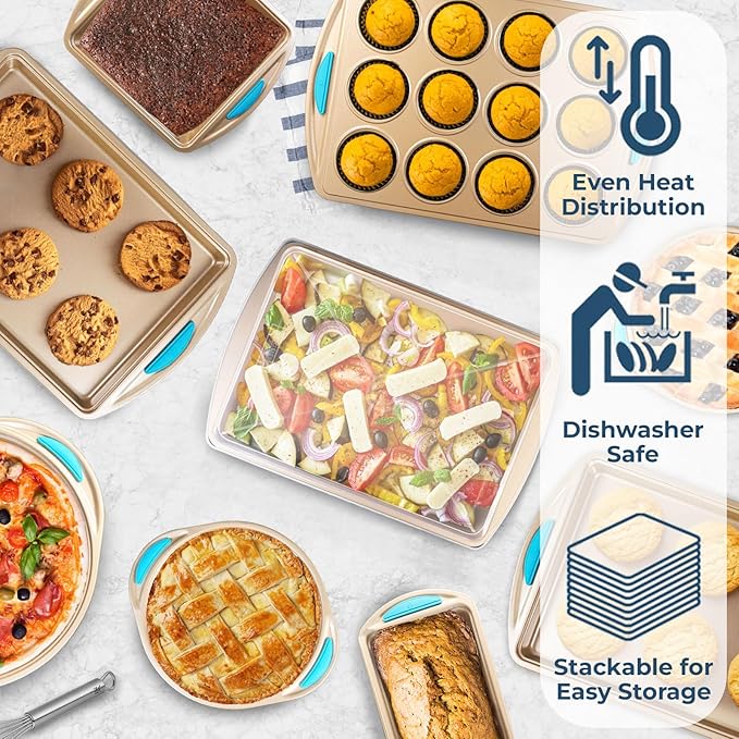 Perlli Baking Kit: Nonstick Gold Steel Oven Set - 10 Pieces, Cookie Sheets, Cake Pans, 9x13Pan with Lid, Loaf & Deep Pans, Pizza Crisper, Muffin Pan - Silicone Handles